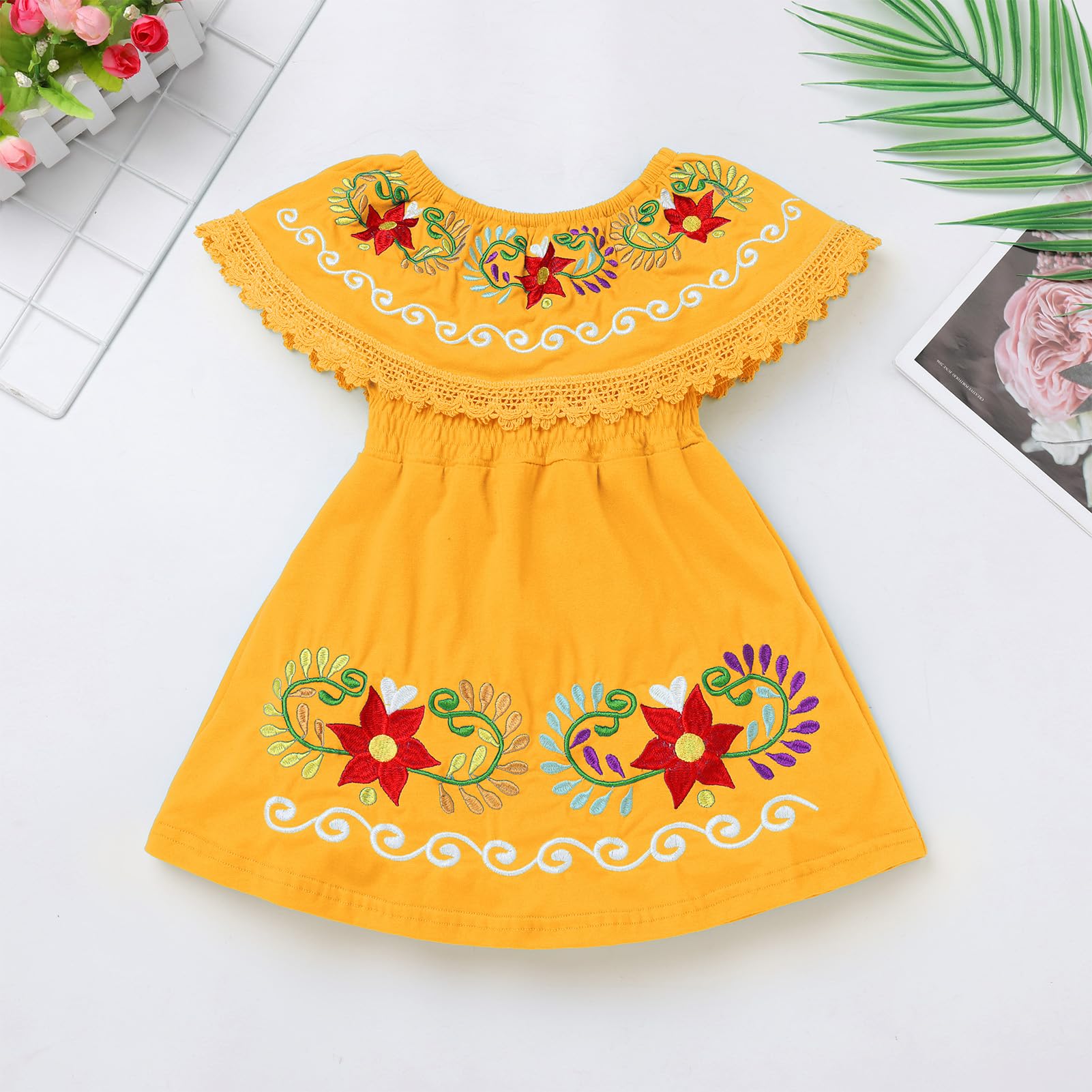IDOPIP Mexican Dresses for Girls Toddler Traditional Embroidered Floral Off Shoulder Gown Kids Princess Birthday Party Dresses Summer Casual Cinco de Mayo Clothes Yellow 12-18 Months