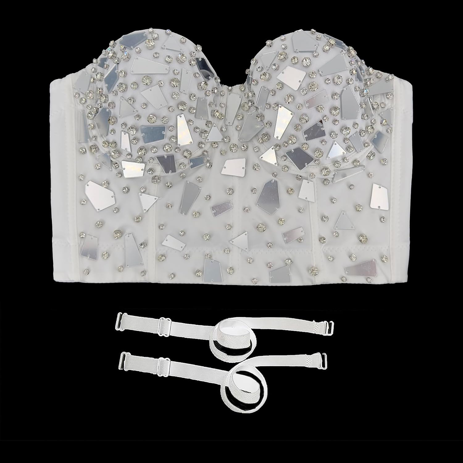 ELLACCI Sexy Glass Mirror Diamond Bustier Crop Top Push up Corset Top with Detachable Straps