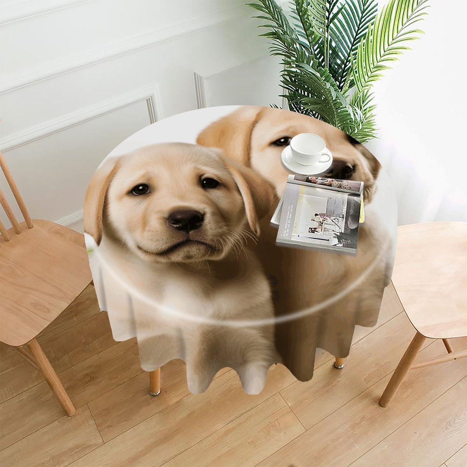 Funny Labrador Puppy Dog Tablecloth Exquisite Wrinkle-Free Straight-Edge Round Table Cloth Anti-Fading Premium Polyester Tablecloth Waterproof Folding Table Cloths for Tables Decor