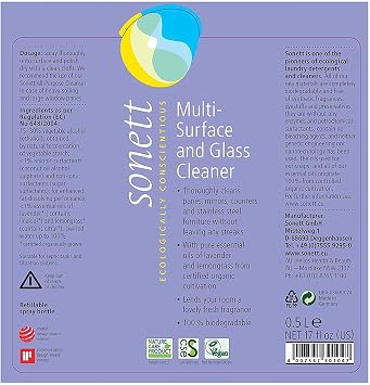 Sonett Organic Multi-Surface and Glass Cleaner 17 fl oz - Thoroughly Cleans panes, Mirrors, counters (Pack of 1)
