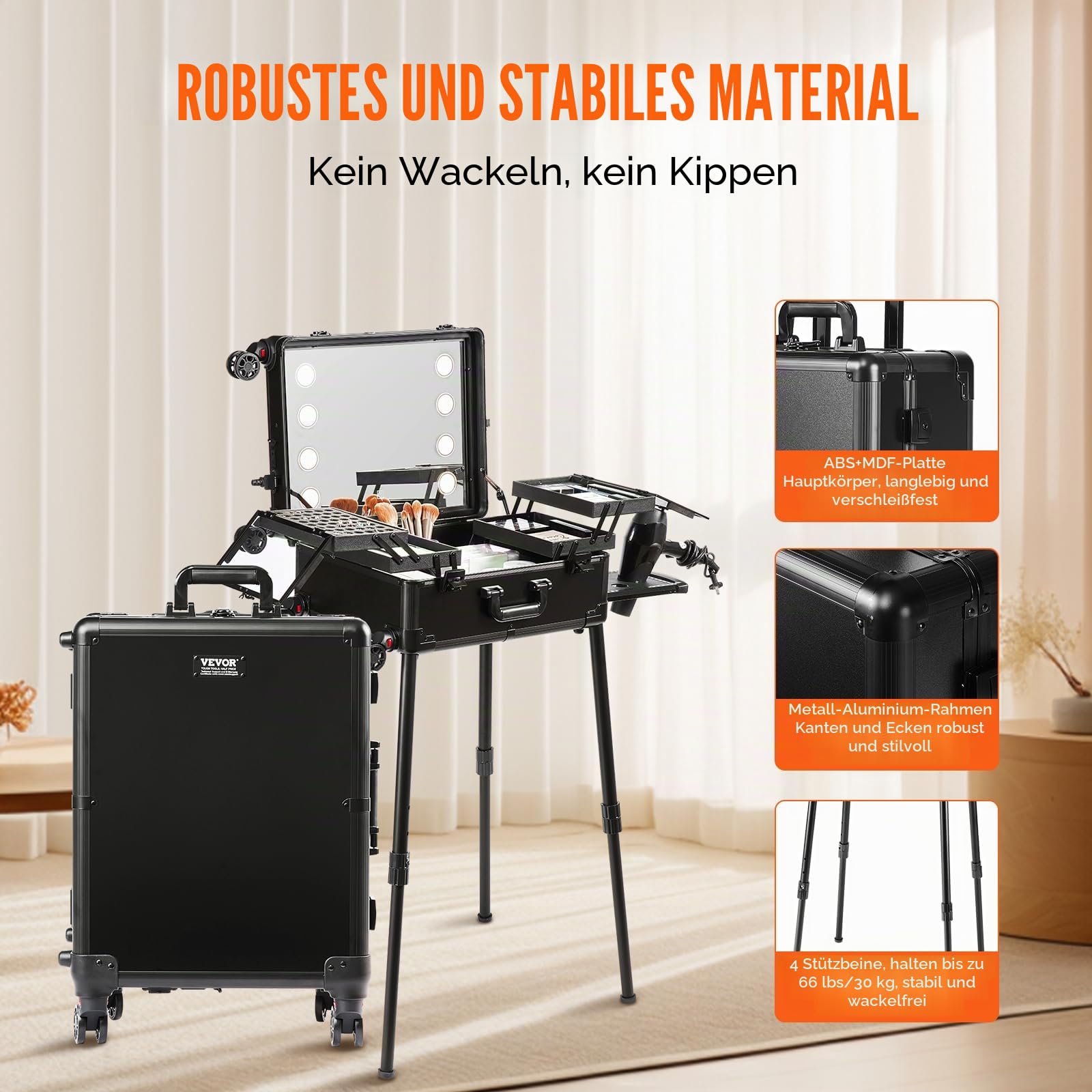 VEVOR Kosmetikkoffer 1030 x 510 x 1360 mm Schminktasche ABS + MDF-Platte + Aluminiumrahmen Schminkkoffer Make-Up Koffer Ideal für Friseur-, Make-up-Studios, Hochzeits- oder Event-Make-up
