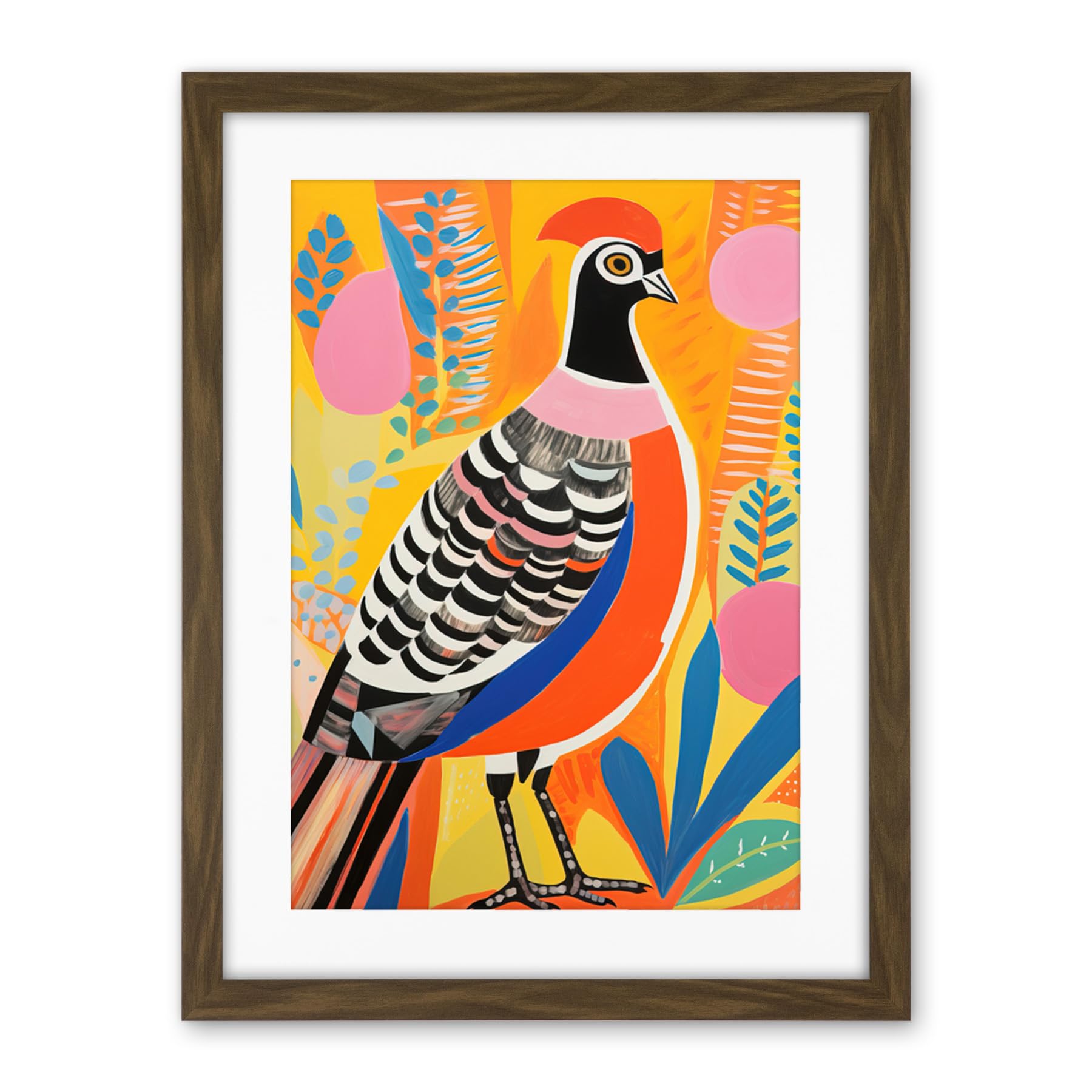 Artery8 Pleasant Pheasant Bright Bold Vibrant Colourful Grassland Acrylic Painting Artwork Orange Pink Blue Folk Art Artwork Framed Wall Art Print 18X24 Inch