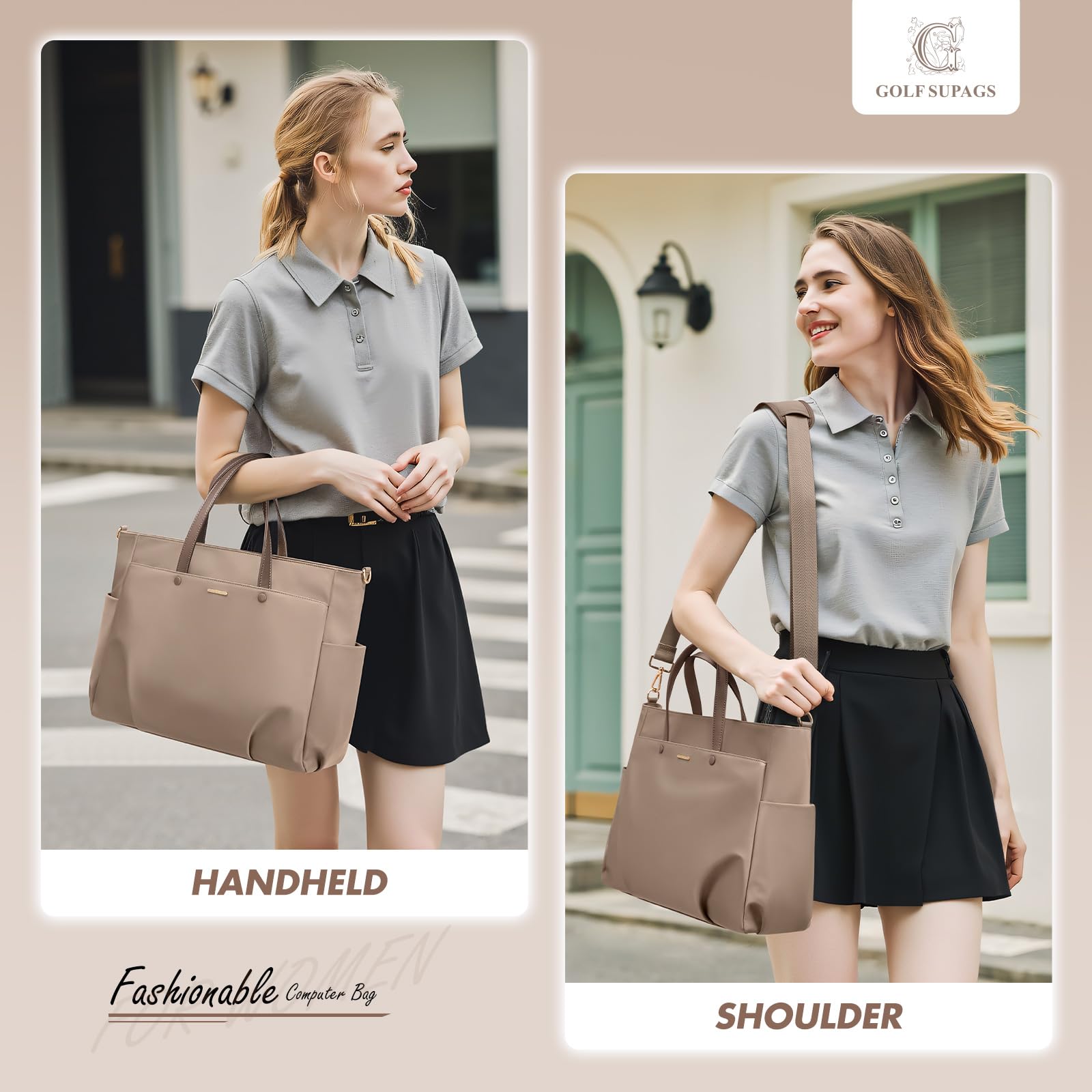 GOLF SUPAGS Borsa Tote per Laptop da 15.6 Pollici, Borsa a Tracolla per Computer Borsas da Lavoro Grande per Donna, Custodia per Laptop Borsas Elegante per Viaggi D'affari (Champagne)