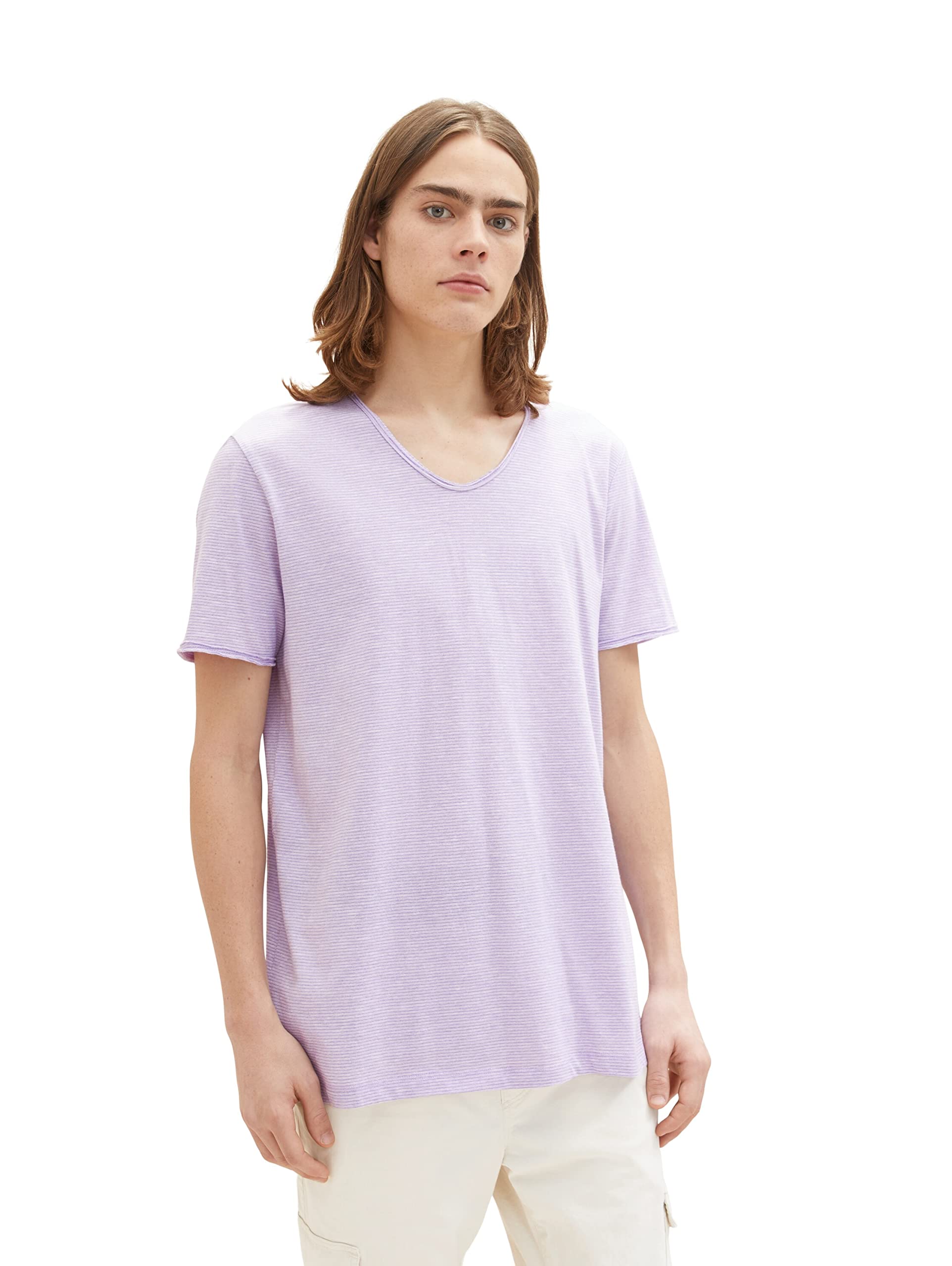 TOM TAILOR Denim Men's V-Neck T-Shirt, 31352 - Lilac White Fine Yd Stripe, L