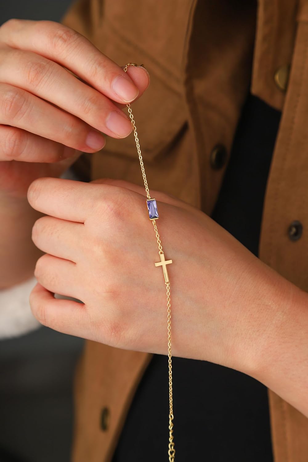 Cross Bracelet for Women with Birthstone Dainty 14k Gold Plated Non Tarnish Dainty Charm Birthstone Bracelet Trendy Stuff Religious Christian Birthday Gifts Jewelry - Image 3