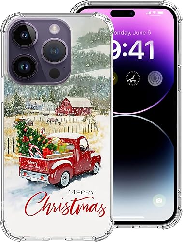 Funda transparente compatible con iPhone 14 Pro Max, diseño de camión rojo de árbol de Navidad, diseñada para mujeres, niñas, adolescentes, cuatro