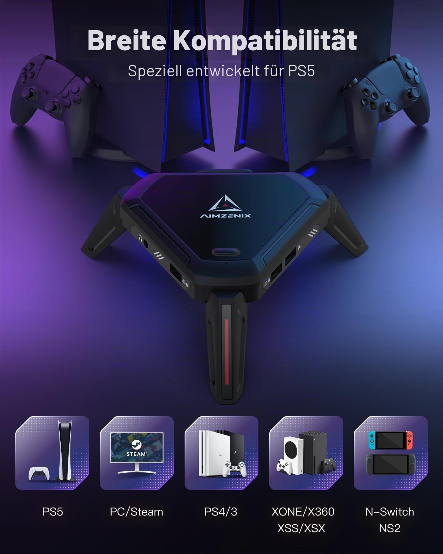 AIMZENIX Monster Emulator-Adapter für PS5, PS4, PS3, Xbox ONE, Xbox 360, Xbox Series X/S, Nintendo Switch, PC, Videospiel-Controller mit Netzwerkanschluss für PS5, mit 3,5-mm-Audio-Buchse