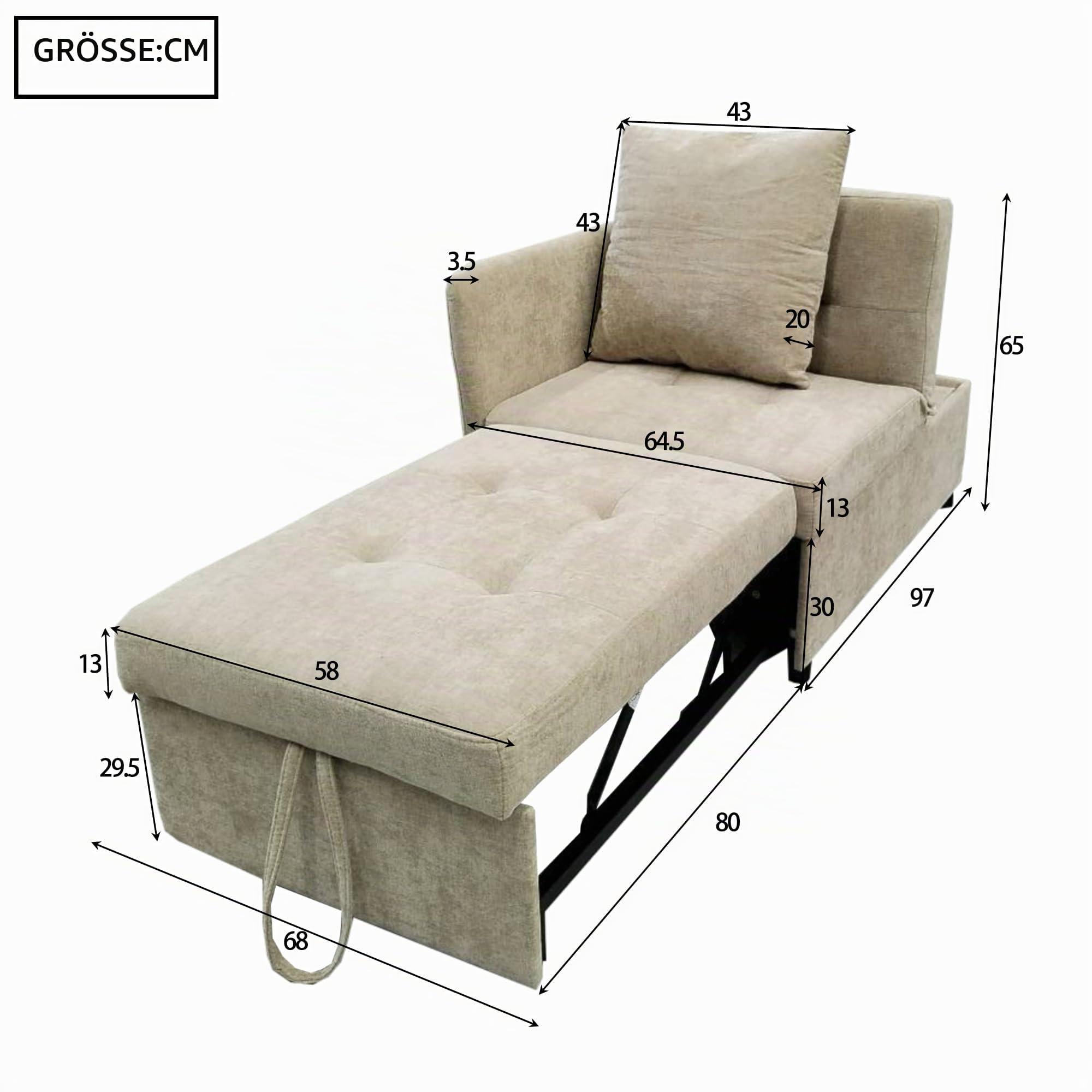 Schlafsofa Klein, Einzel-Sofa, Bett, Stuhl, 3-in-1-Sessel, Klappsofa & Schlafhocker mit Bettfunktion, wandelbar Schlafsessel bis 200 kg, Sofabed mit Bezug in Leinenoptik für kleine Räume (Beige)