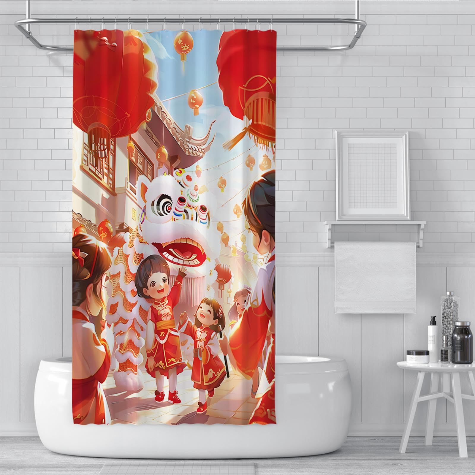 Cortina de ducha de diseño de dibujos animados Feliz Año Nuevo festivo Decoración festiva Cortina de ducha para baño Cortinas de ducha impermeables con ganchos 220Bx200Lcm