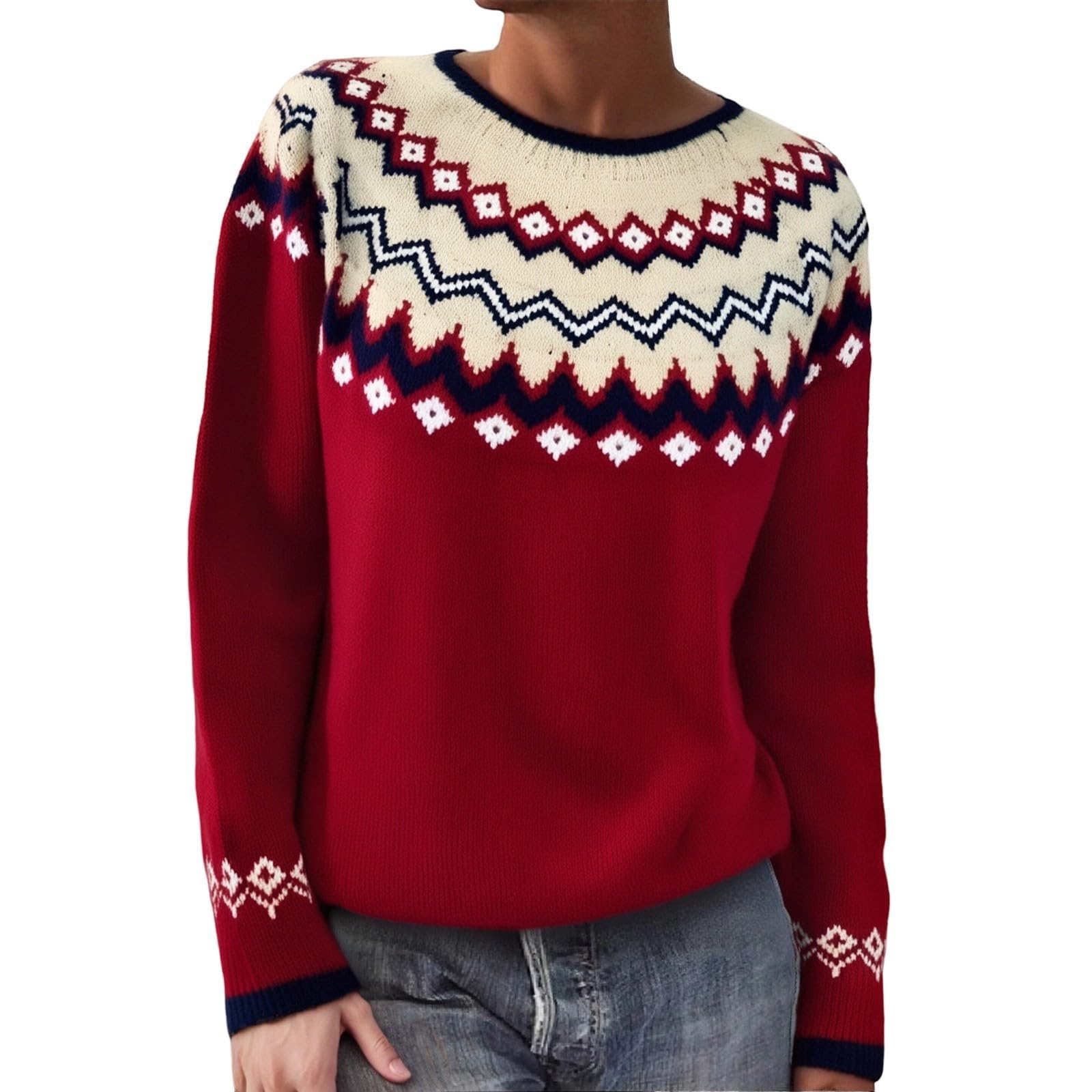 Womens Vintage Fair Isle Pullover Sweater Winter Oversized Casual Striped Crewneck Long Sleeve Lightweight Knitted Tops