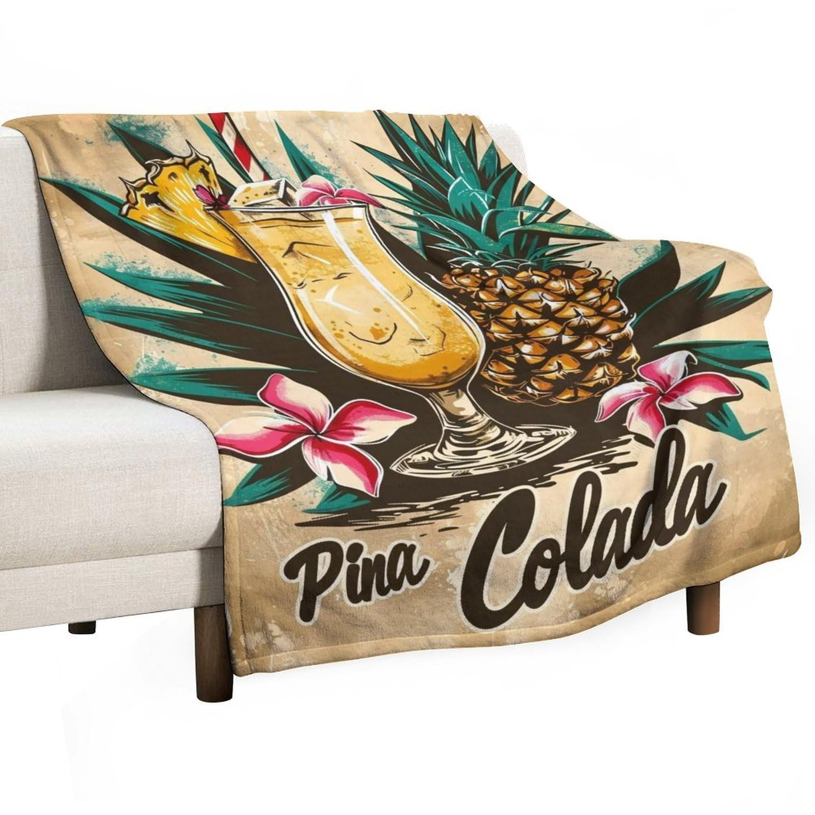 YHGSREUOH Linocut-Tiki-Bar-Pina-Colada-Drink-Fruit_01 Flannel Blankets Fleece Soft Throw Lightweight Plush Gifts for Couch, Bed, Cozy Sofa Plush, Chair, Lovers 150x200cm(60x80in)