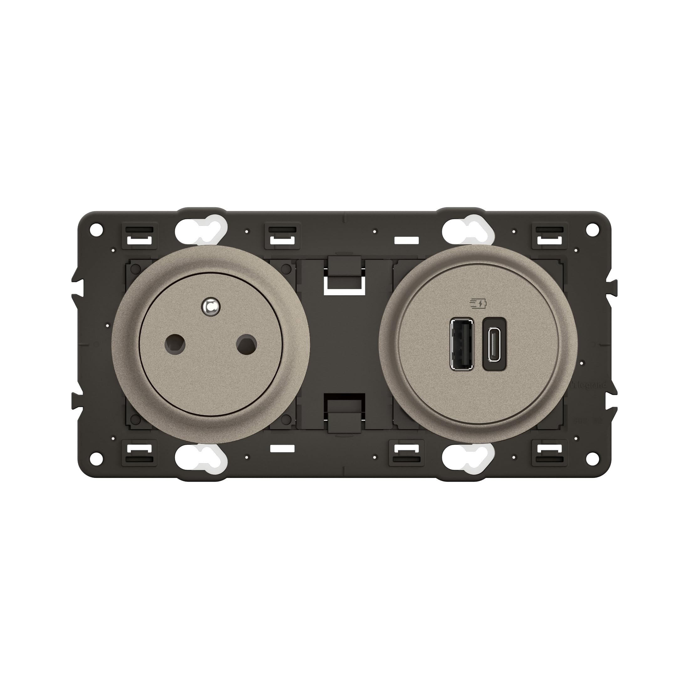 Legrand | Prise 2P+T Céliane, avec 2 ports charge rapide USB-A et USB-C 20W, protection enfant avec éclips, finition titanium moderne