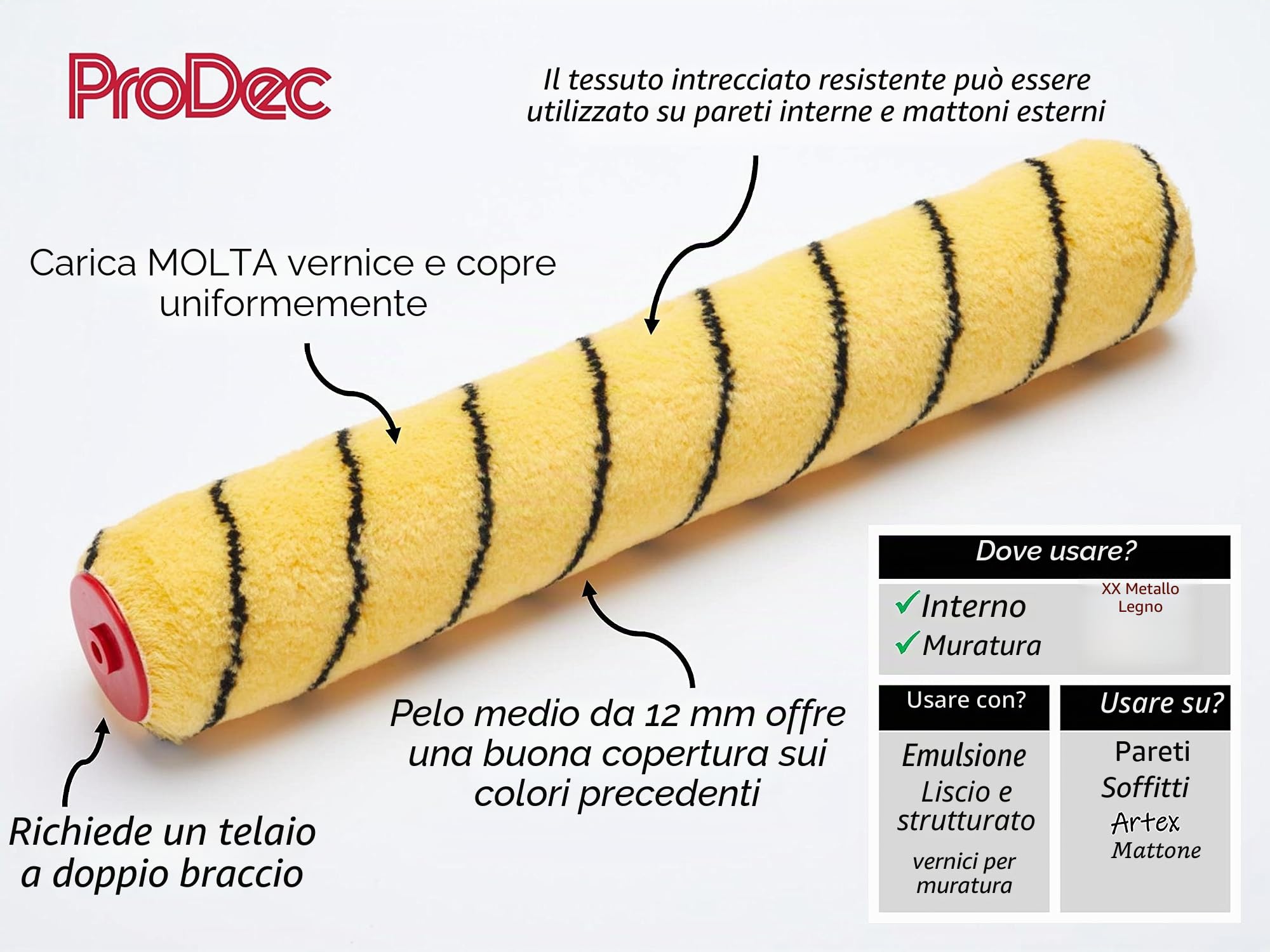 ProDec Rullo per pittura professionale a doppio braccio a pelo medio per la verniciatura a copertura rapida con pitture ad emulsione e per muratura su pareti e soffitti interni ed esterni