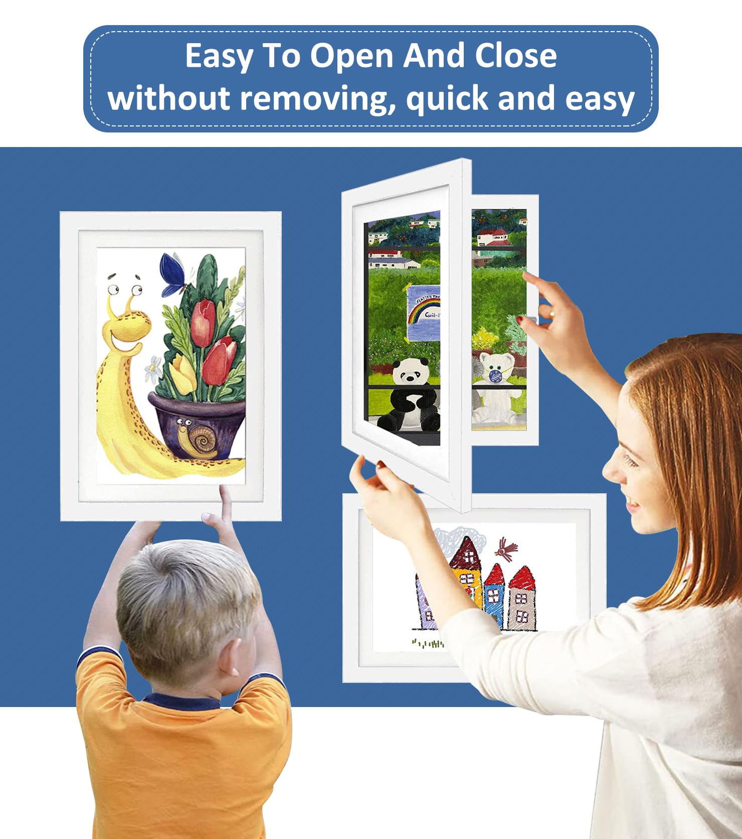 Lot de 2 cadres photo d'art pour enfants - Format A4 - Charnières en bois - Remplissables - Ouverture avant - Idéal pour dessins et projets artistiques, école