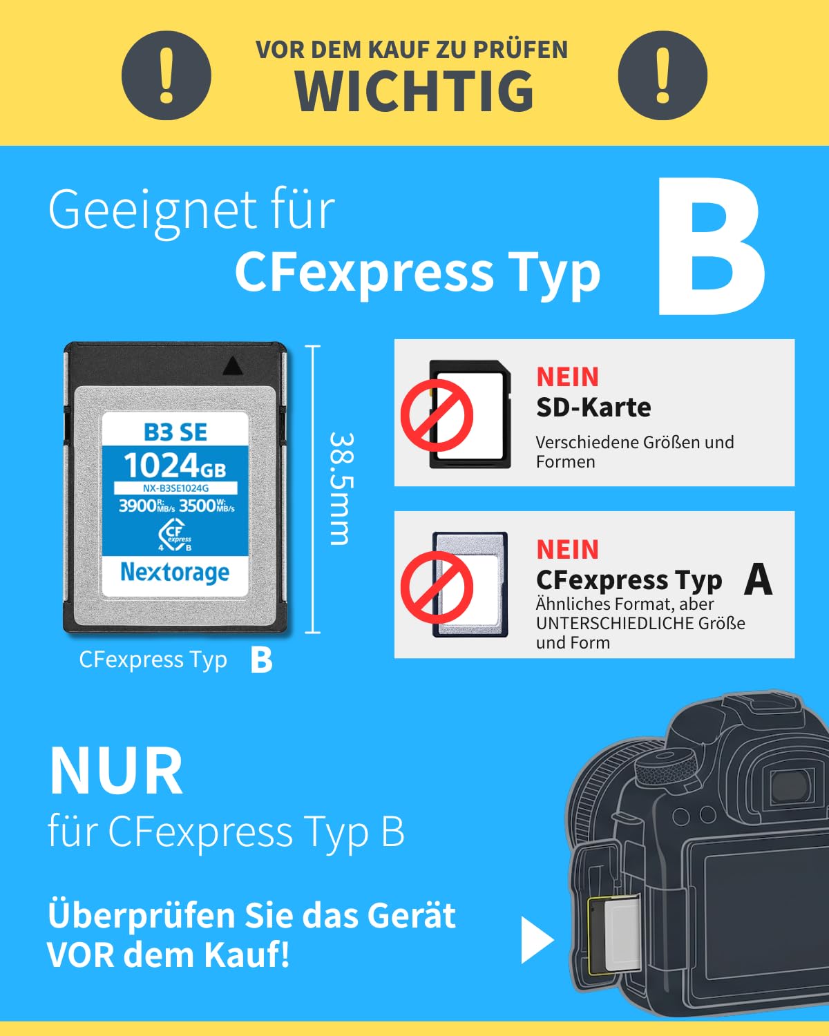 Nextorage CFexpress 4.0 Typ B Karte 512GB, japanische speicherkarte datenspeicher CF Express Type B, Kamera Zubehör für Sony/Nikon/Canon/Panasonic/Fujifilm, B3SE NX-B3SE512G