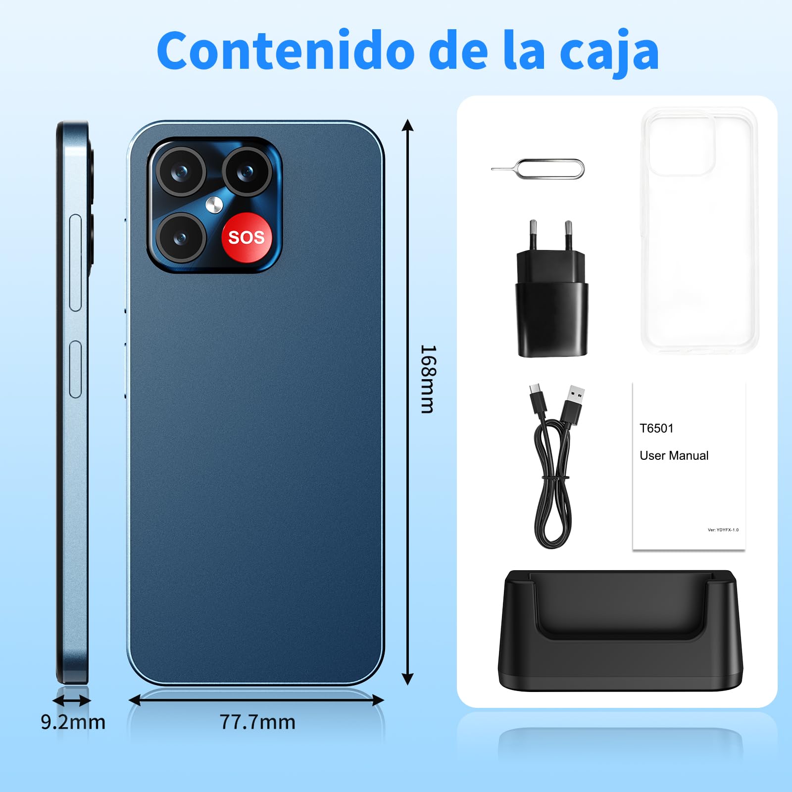 uleway Teléfono Móvil para Personas Mayores 4G, Iconos Extragrandes, Azul | Modo Senior, Doble SIM, GPS, 4+64 GB, Android 15, Pantalla HD de 6,6", Batería 4000 mAh con Base, Botón SOS
