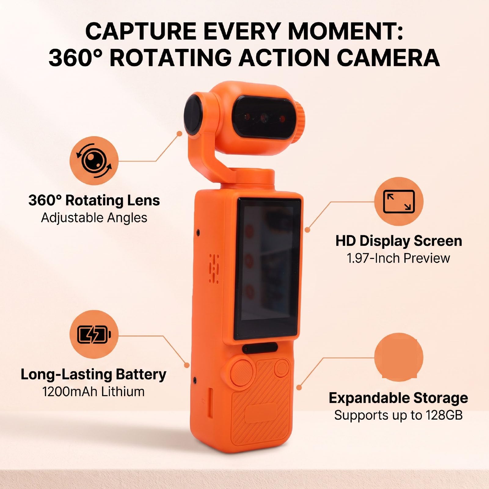 ASHATA Videocamera Sportiva Azione Rotazione 360°, Obiettivo Pivotante HD