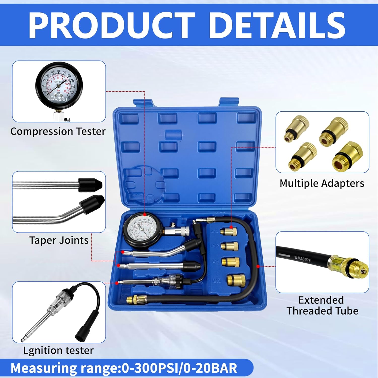 Compression Tester with Spark Plug Tester, Automotive Engine Compression Tester Kit for Car and Motorcycle, 300 PSI Cylinder Pressure Gauge with Adapters