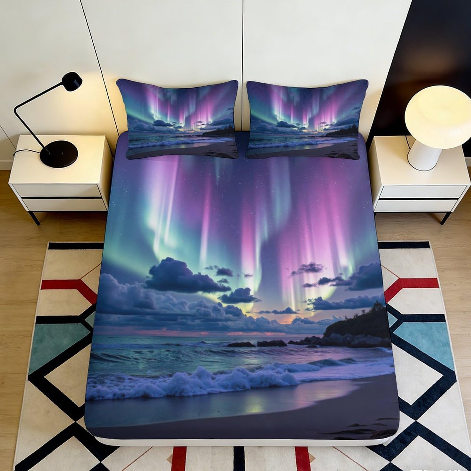 3D Printed Northern Lights Fitted Sheet Microfiber Soft Breathable Aurora Mattress Cover for Bedroom Dormitory Guest Room Protection Decoration 90x200x25cm
