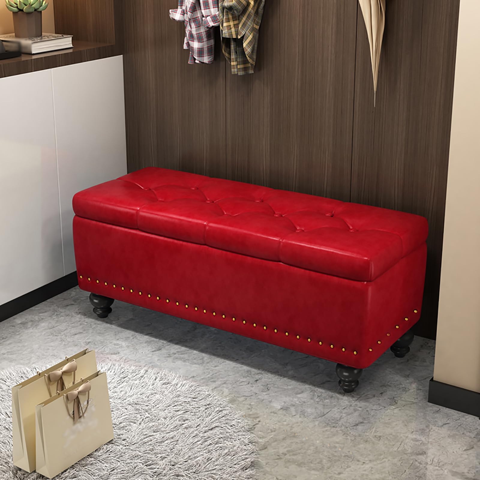 Banc de rangement chambre bois capitonné imperméable rouge vin 43cm