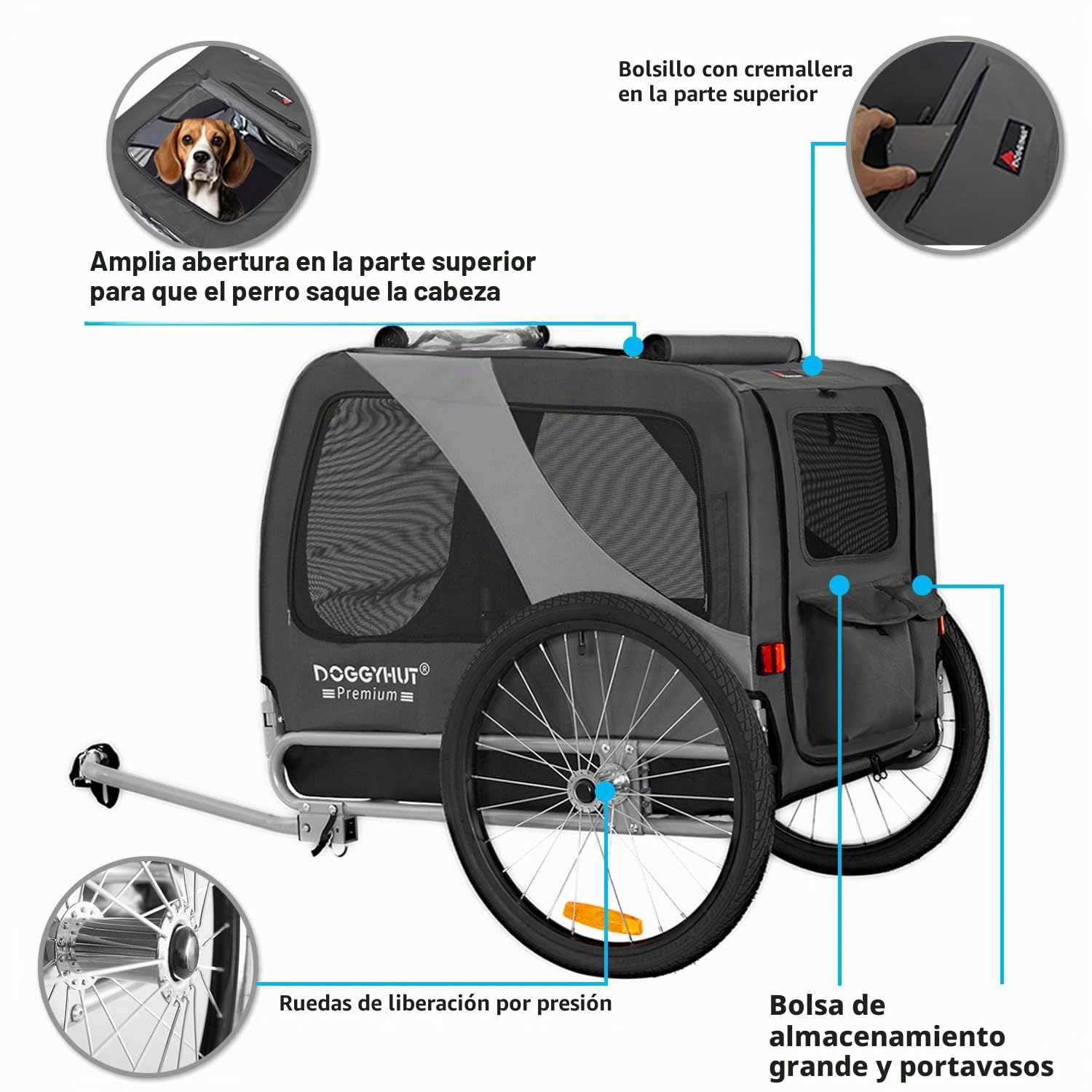 DOGGYHUT® Premium - Remolque grande para perros y bicicletas, tamaño grande, aprox. 270 litros de volumen, para perros medianos y grandes