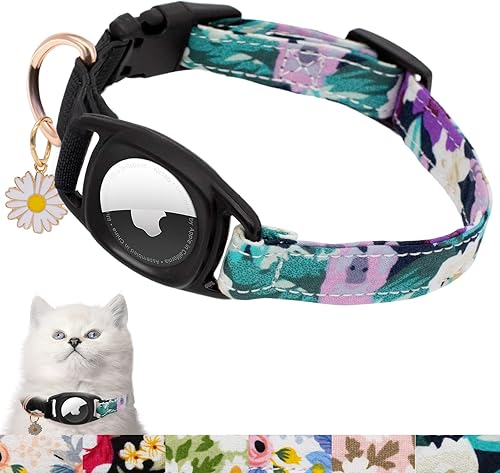 Collar de gato Airtag, collar de gato con GPS con soporte para Apple Air Tag y dije de flores, collar de seguimiento floral para gatos de 0.6
