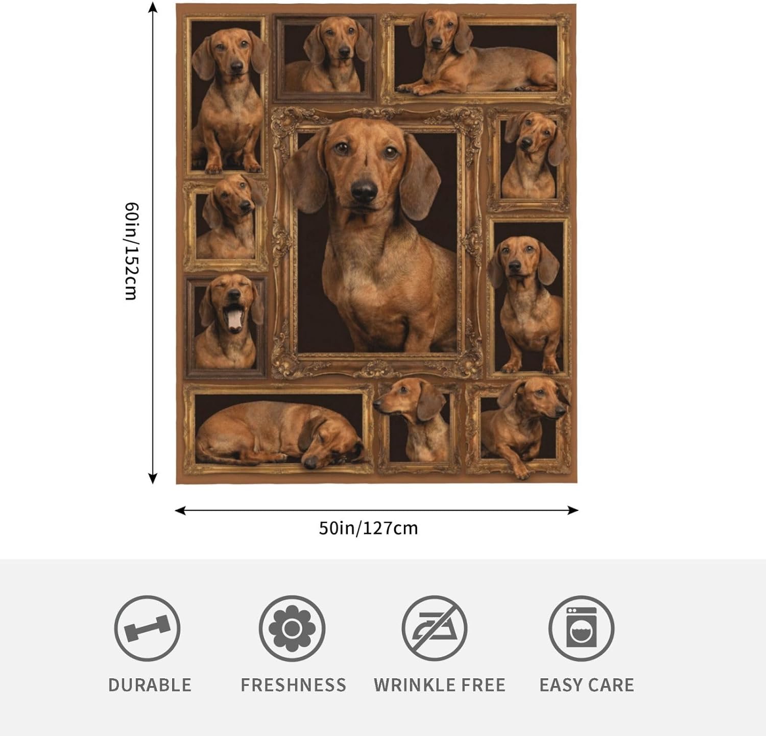 Cute Dachshund Blanket Framed Photo Collage Soft Cozy Fleece Lap Throw for Couch Sofa Bed Car Travel Home Decor Gift for Him Her - 60"x50"