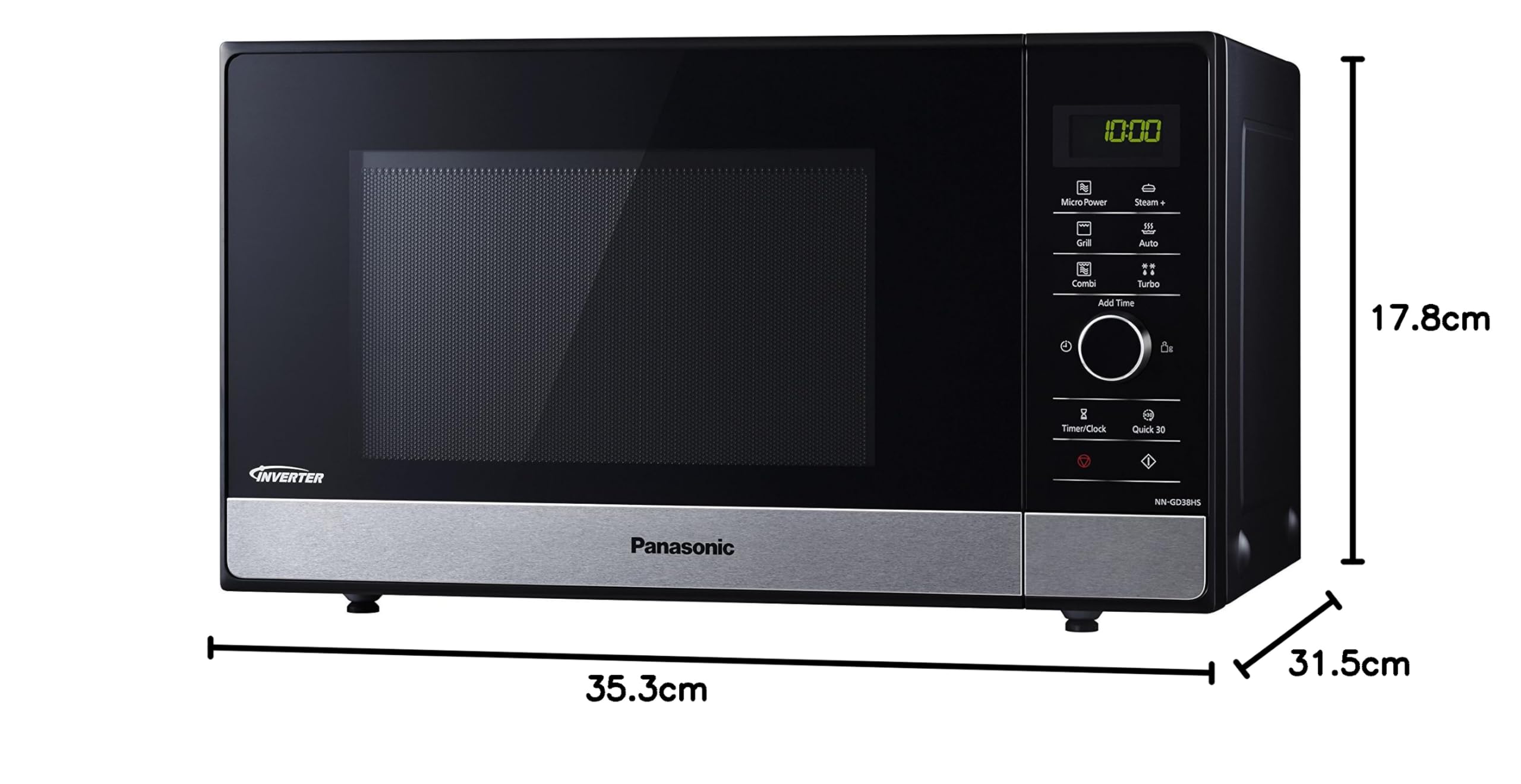 Panasonic NN-GD38 inwerterowa kuchenka mikrofalowa z grillem (23l, 1000W, 18 programów, naczynie Steam+ Pan, szybkie gotowanie, ustawienie czasu), czarna