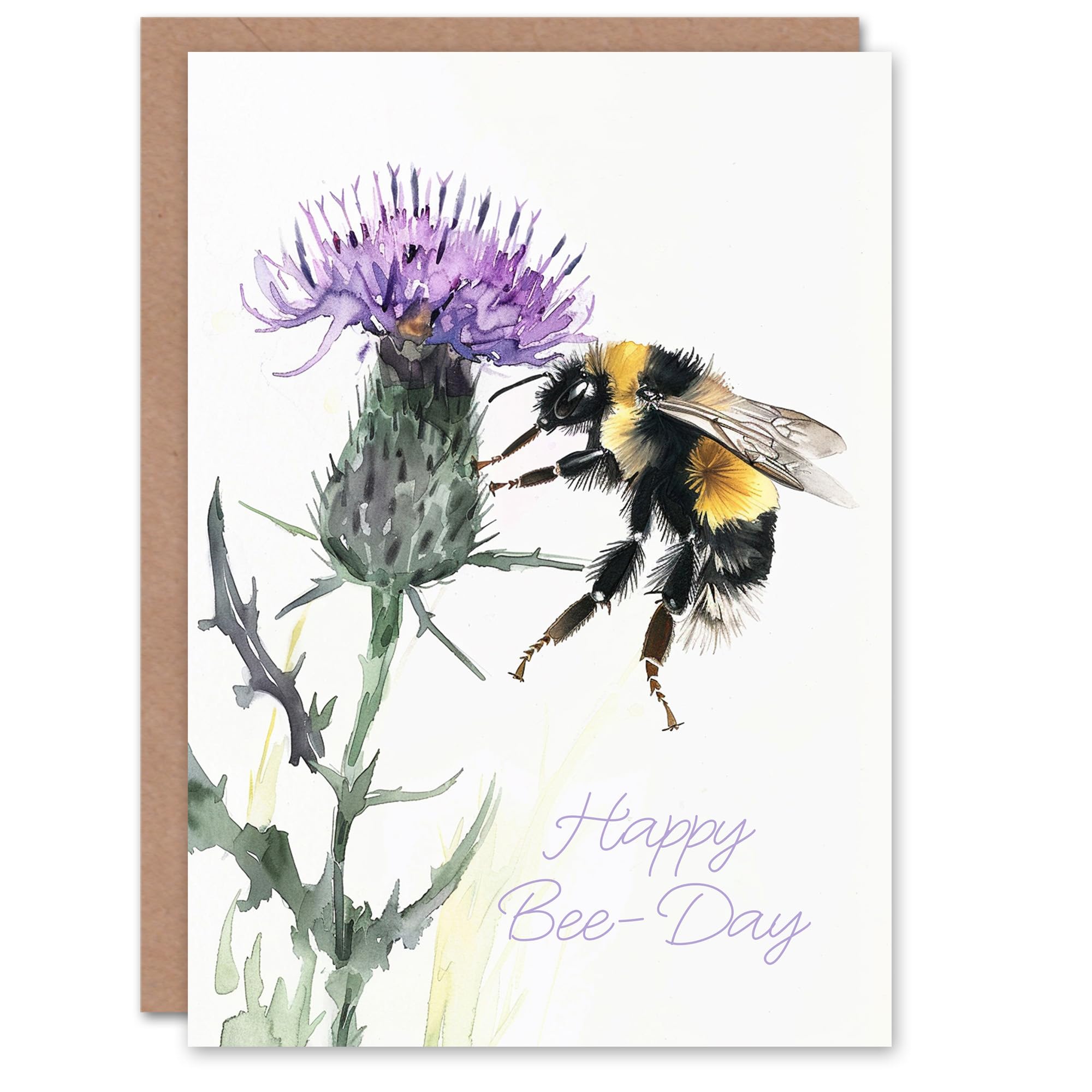 Artery8 Happy B Day Watercolour Thistle Flower Bumble Bee Blank For Him Or Her Art Birthday Card
