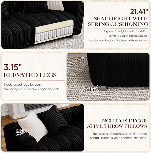 Miniatura 5 de Sofá de nube de gran tamaño con marco de madera, moderno sofá de dos plazas de pana de felpa de mediados de siglo con almohadas para asiento