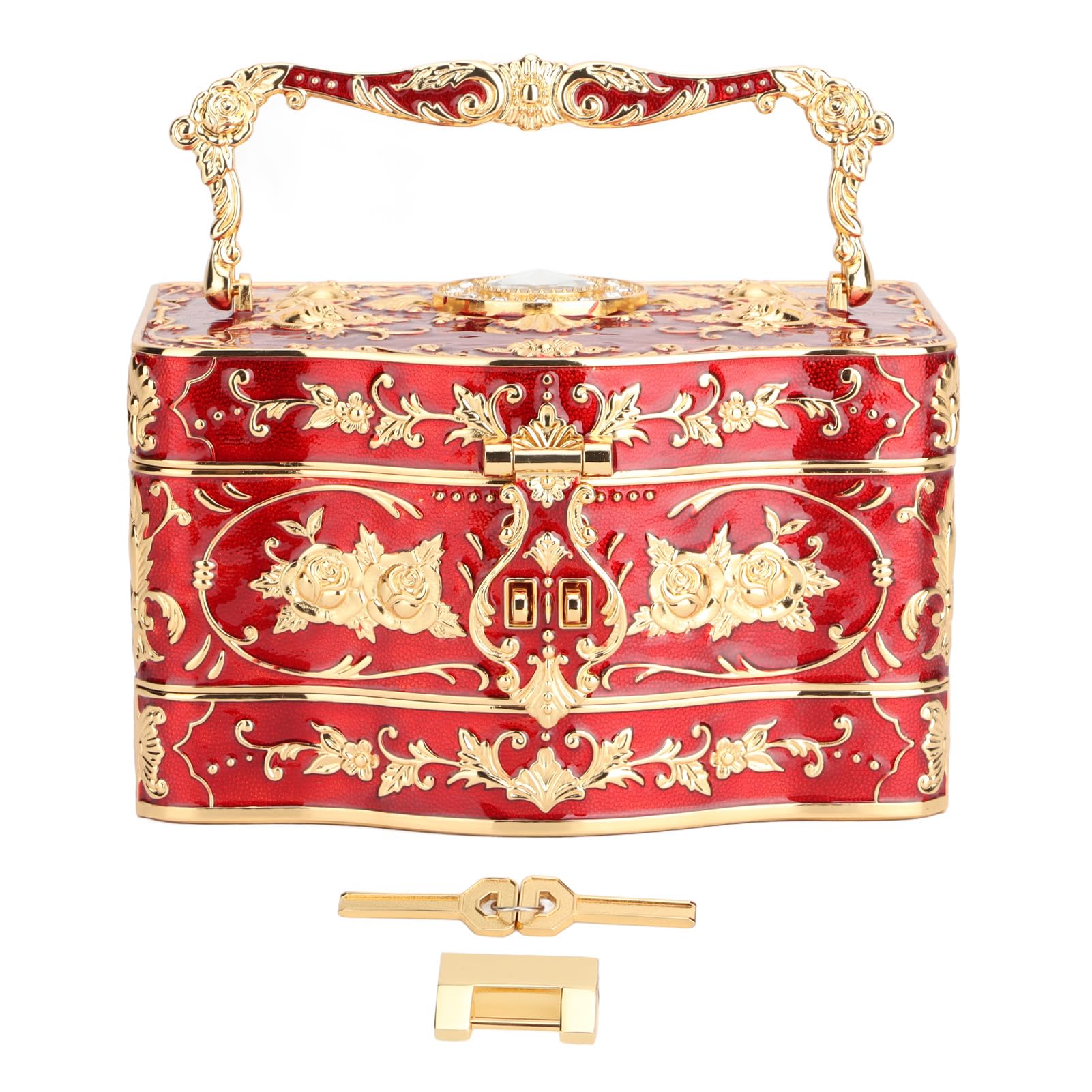 Vintage Trójwarstwowe Pudełko na biżuterię, Emaliowany Organizer na Drobiazgi w Stylu Retro, Organizer Biżuterii z Lustrem, Zamkiem i Kluczem, Idealny do Pierścionków, Kolczyków i