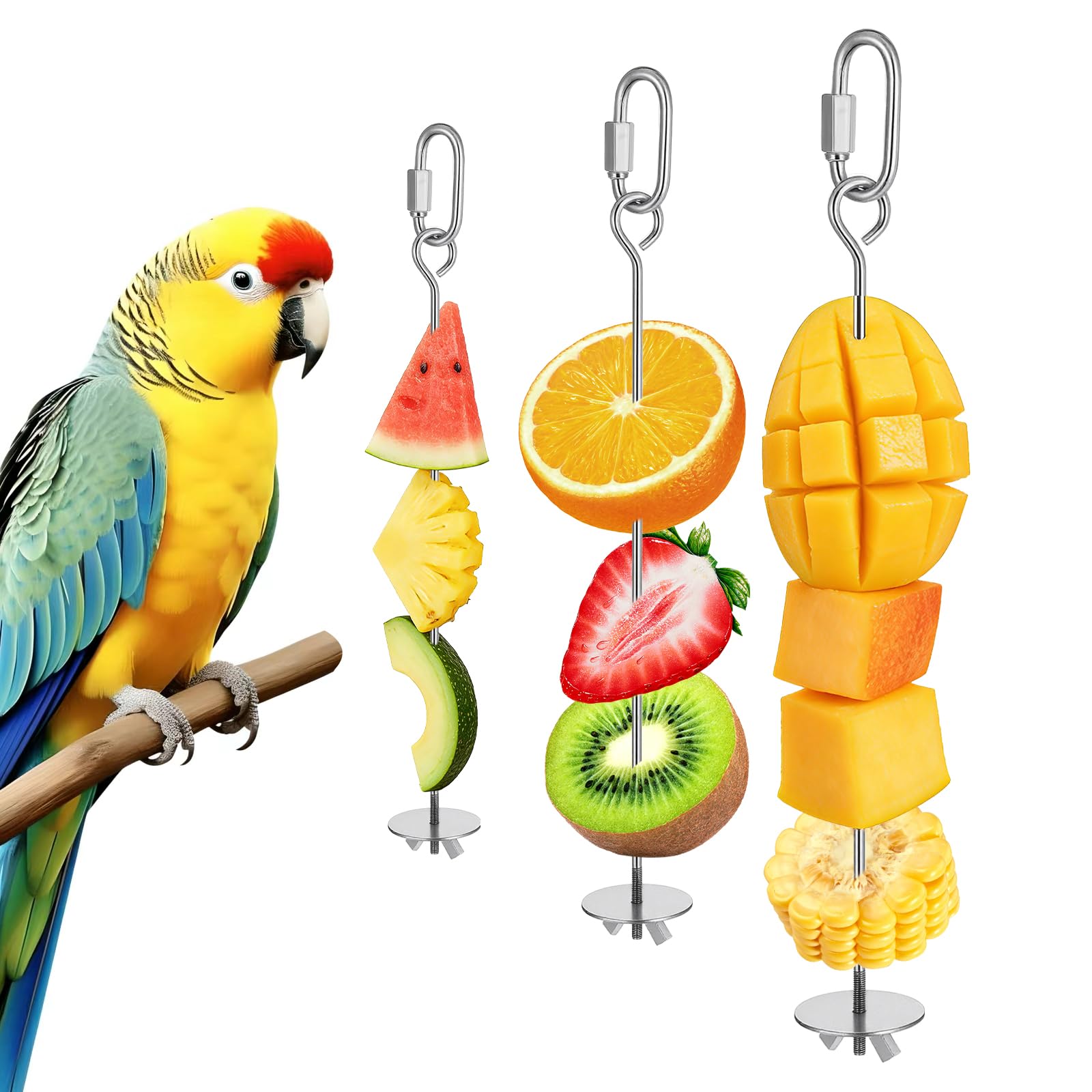 3 Pcs Bird Cage Food Holder Stainless Steel Parrot Fruit Vegetable Skewer Stick Feeder Bird Treats Skewer Cage Treating Tool Hanging Birds Foraging Toys for Macaw Parakeet Budgie (3 Sizes)