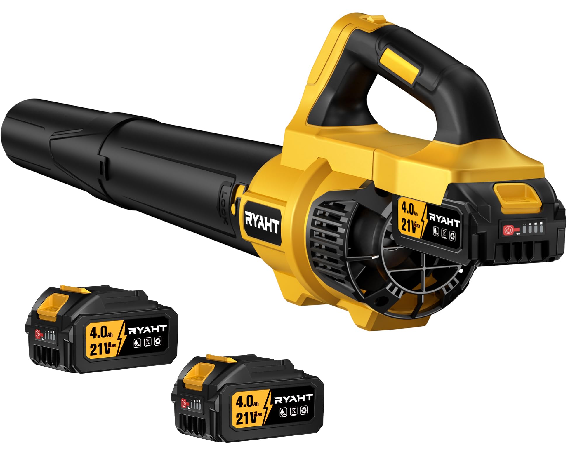 RYAHT Leaf Blower Cordless, 21V Powerful Electric Leaf Blower with 2 X 4.0Ah Batteries and Charger, 2 Speed Modes, Handheld Lightweight Leaf Blowers for Lawn Care, Patio, Dust, Blowing Leaves, Yellow