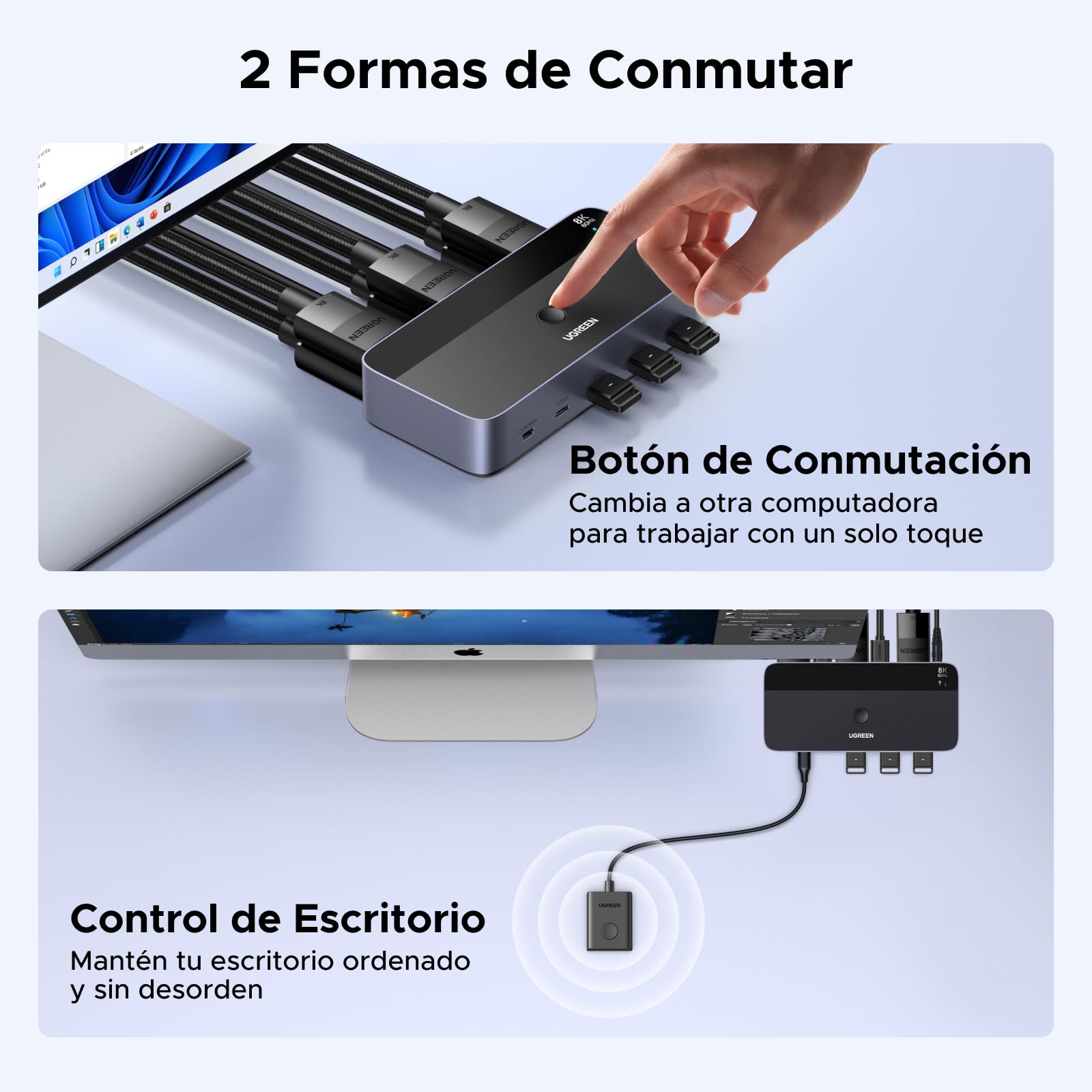 UGREEN Switch KVM DisplayPort 2 Entradas 2 Salidas 8K60Hz 4K240Hz Dos Monitores Conmutador con 4 Puertos USB 3A1C 5Gbps para Teclado, Ratón Disco Duro Controlador de Escritorio Cables USB Incluidos