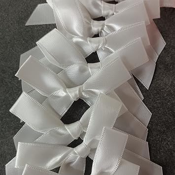 50 Pack White Twist Tie Bow, Pre Tied Bows,Christmas Satin Twist Tie Bows for Treat Bags,Packaging Bows for Candies and Apples, Pretied Ribbon Bows for DIY Decorations,Treat Bows