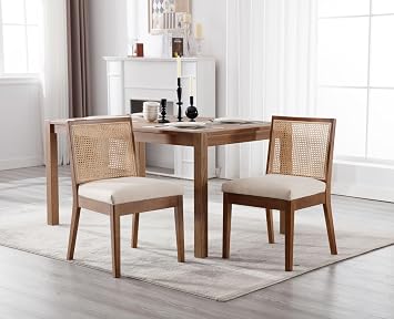 Dining Chairs 4PCS,Rattan Backrest&Wood Legs,Kitchen Chair,Beige | Breathable Backrest,Upholstered Linen Fabric,Thick Soft Cushion,Solid Wooden Frame,for Dining Room Kitchen Living Room