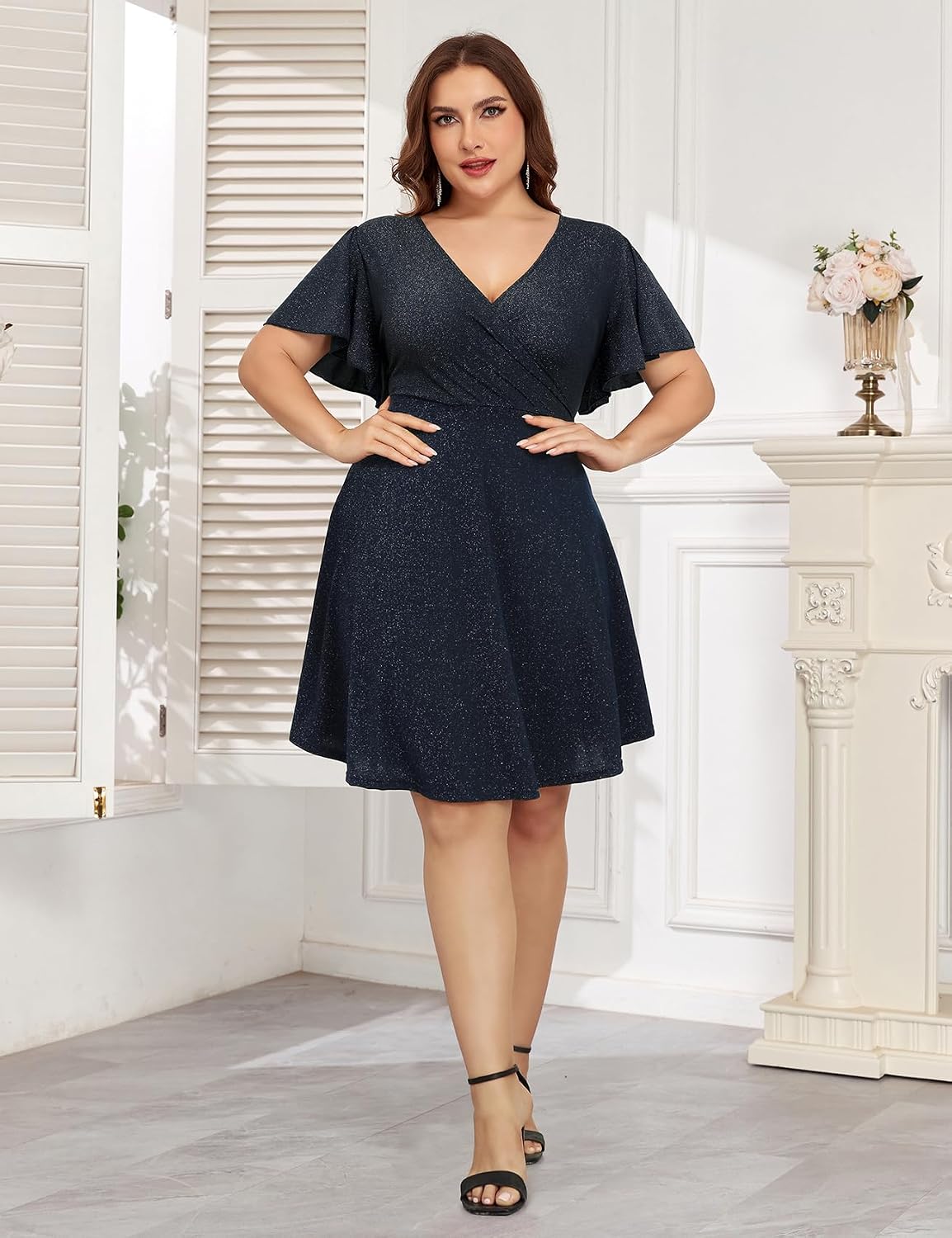 ZOMVA 2025 Plus Size 0X-4X Sparkly Glitter Wrap V Neck A Line Mini Dress Sparkle Sequin Sexy Dresses Cocktail Party Club