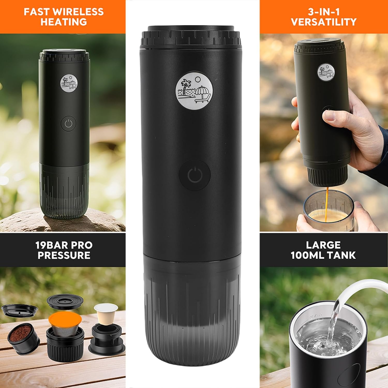 TARSHYRY Portable Coffee Grounds Capsules Maker, 304 Stainless Steel Heated Extraction, 19bar Pressure, Li Battery 7800mAh, Stand for Manual Brewing in Office Environments