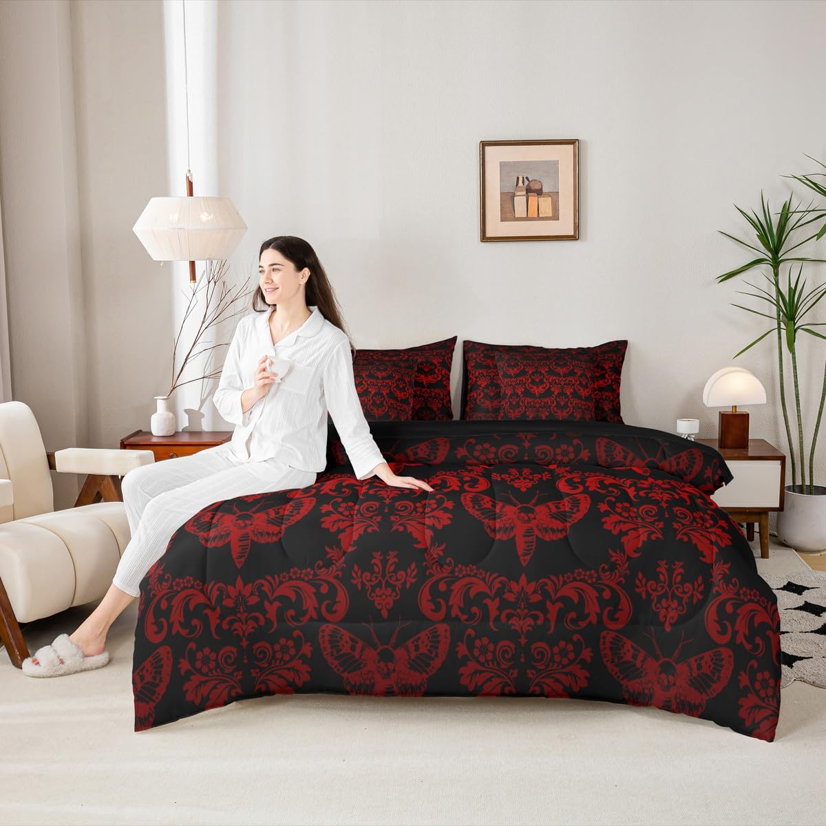 Erosebridal Gothic Queen Comforter Set 7 Pcs Black Red Moth Goth Bed in A Bag with Sheets Vintage Damask Boho Bedding Comforter Sets for Kids Adults,Victorian Bohemian Floral Animal Bed Set
