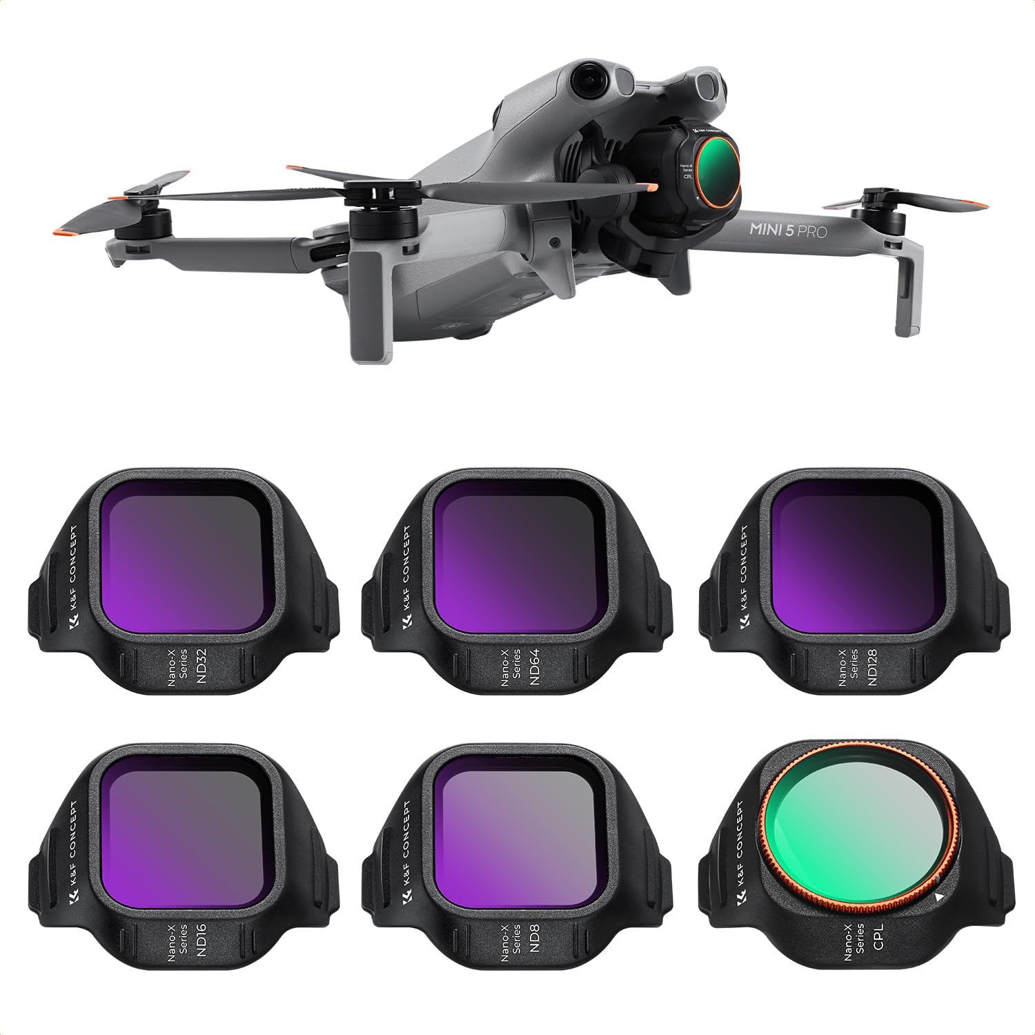 K&F CONCEPT Kit de 6 Filtros (CPL/ND8/ND16/ND32/ND64/ND128) HD para dji Mini 5 Pro - Lente HD Antirreflejos, Impermeable, Incluye Paño de Limpieza