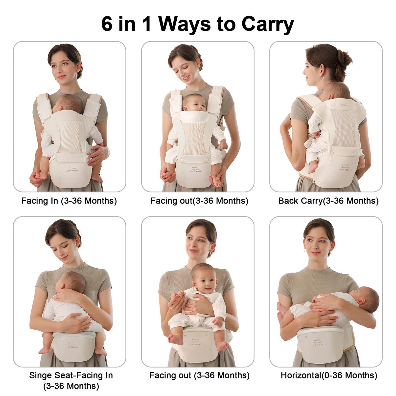 Bebear Marsupio,Bebamour Marsupio per 0-36 mesi, marsupio traspirante da neonato a bambino, approvato dagli standard di sicurezza, seggiolino ergonomico 6 in 1 anteriore,Cotton Beige