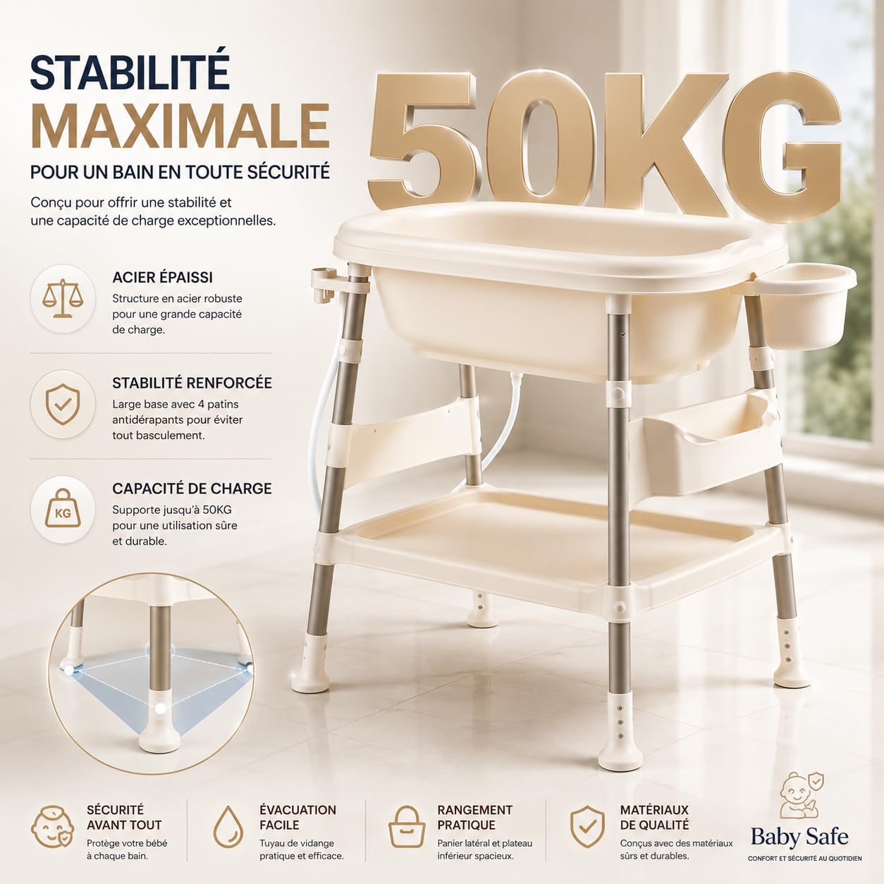 Table à Langer avec Baignoire Bébé 3 en 1, Hauteur Réglable, Thermomètre Digital Intégré, Station de Change Pliable avec Rangement, Tuyau de Vidange, Charge Max 25kg, 0-36 Mois