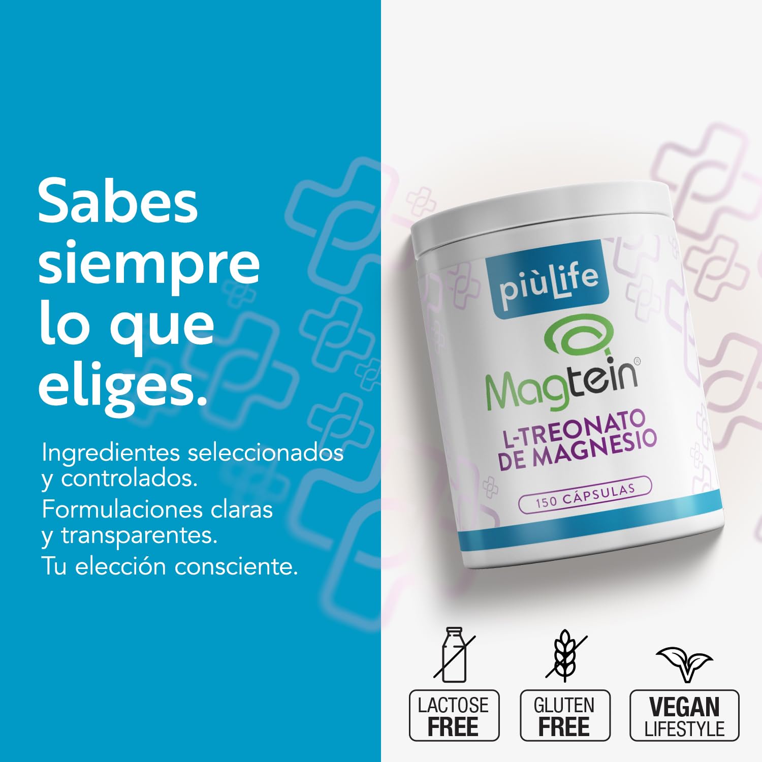 L-Treonato de Magnesio Magtein 2000 mg por Dosis PiùLife, 150 Cápsulas