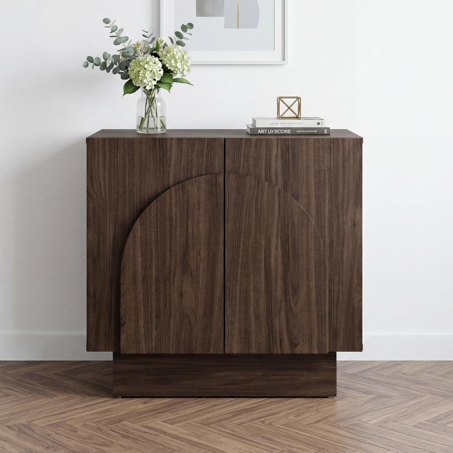Ya-Home Walnut Sideboard Buffet Cabinet with Storage, Modern Buffet Coffee Bar Table Stand Cabinet with Arched Doors, Farmhouse Wooden TV Media Console Table Credenza for Living Room/Entryway, 1PC