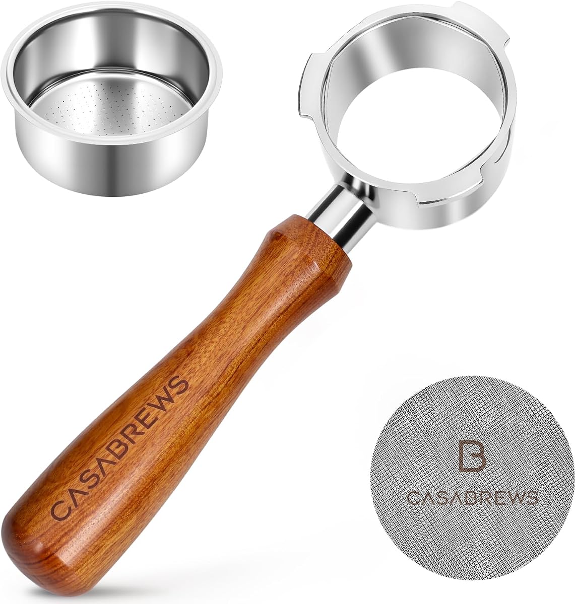 CASABREWS 51mm Bottomless Portafilter for CM5418, 5418Pro and 3700Essential | Stainless Steel Filter Holder, Wooden Handle, Double Cup Filter Basket, Puck Screen