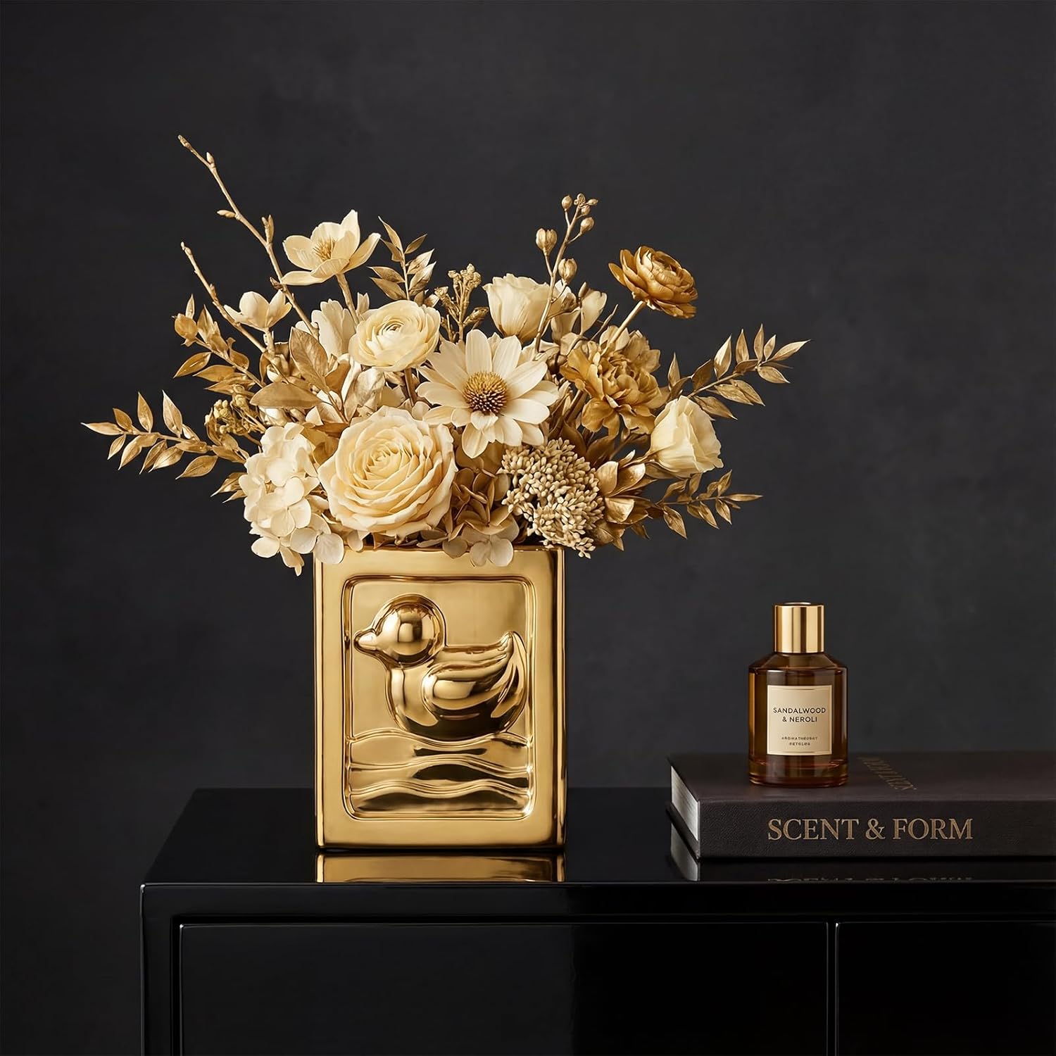 Gold Trash Can - 7L/1.85Gallon Ceramic Waste Basket, Decorative Duck Small Garbage Can for Kitchen, Bathroom, Bedroom, Office, Multi-Purpose Storage Bin