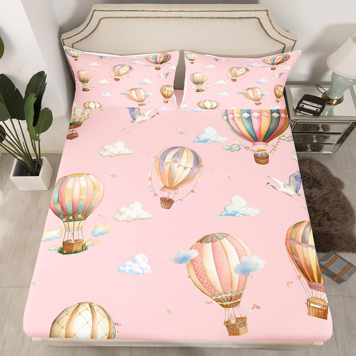 Hot Air Balloon Kids Fitted Sheet Full Size,Cloud Sky Cartoon Balloons Princess Bedding Set,Girls Women Room Decor,Flying Crane Bird Animal Bed Cover,Pink Bed Sheet,2 Pillowcases