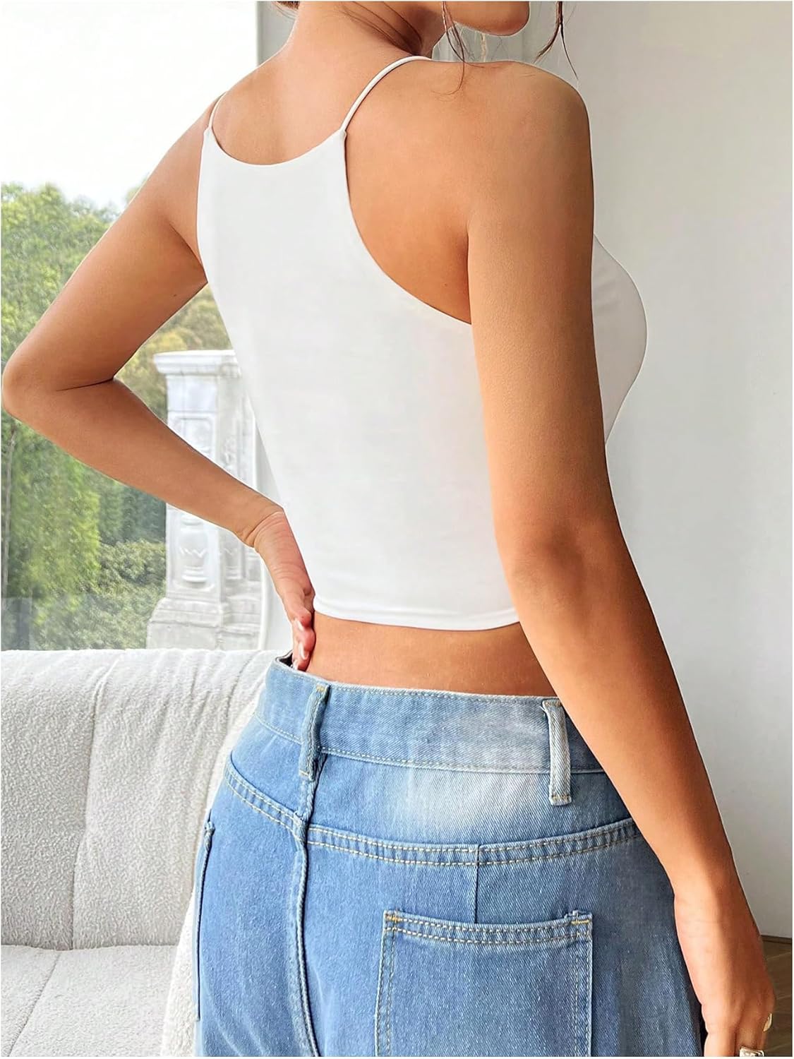 SHENHE Women's Spaghetti Strap Crop Square Neck Tank Top Sleeveless Fitted Casual Vest - Image 2