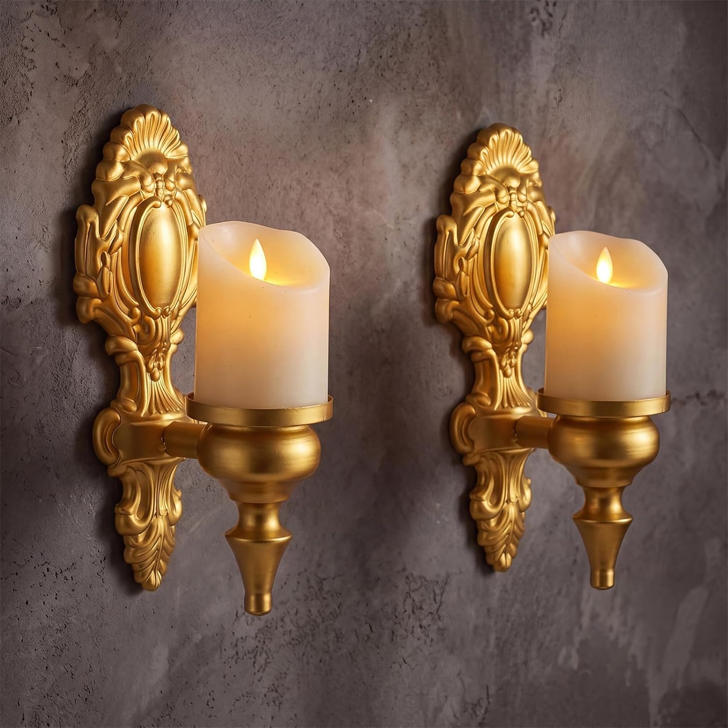 2 Pack Vintage Gold Candle Sconces for Tapered Candlestick Brass Color Victorian Royal Candle Wall Sconce Holder Rustic Candles Holder Metal Gothic Wall Decorations for Living Room Hallway