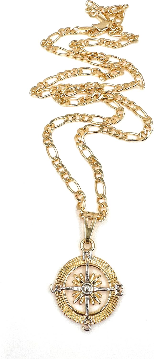 18K Gold Filled Figaro Chain Necklace 18K Plated Compass Pendant Jewelry for Men